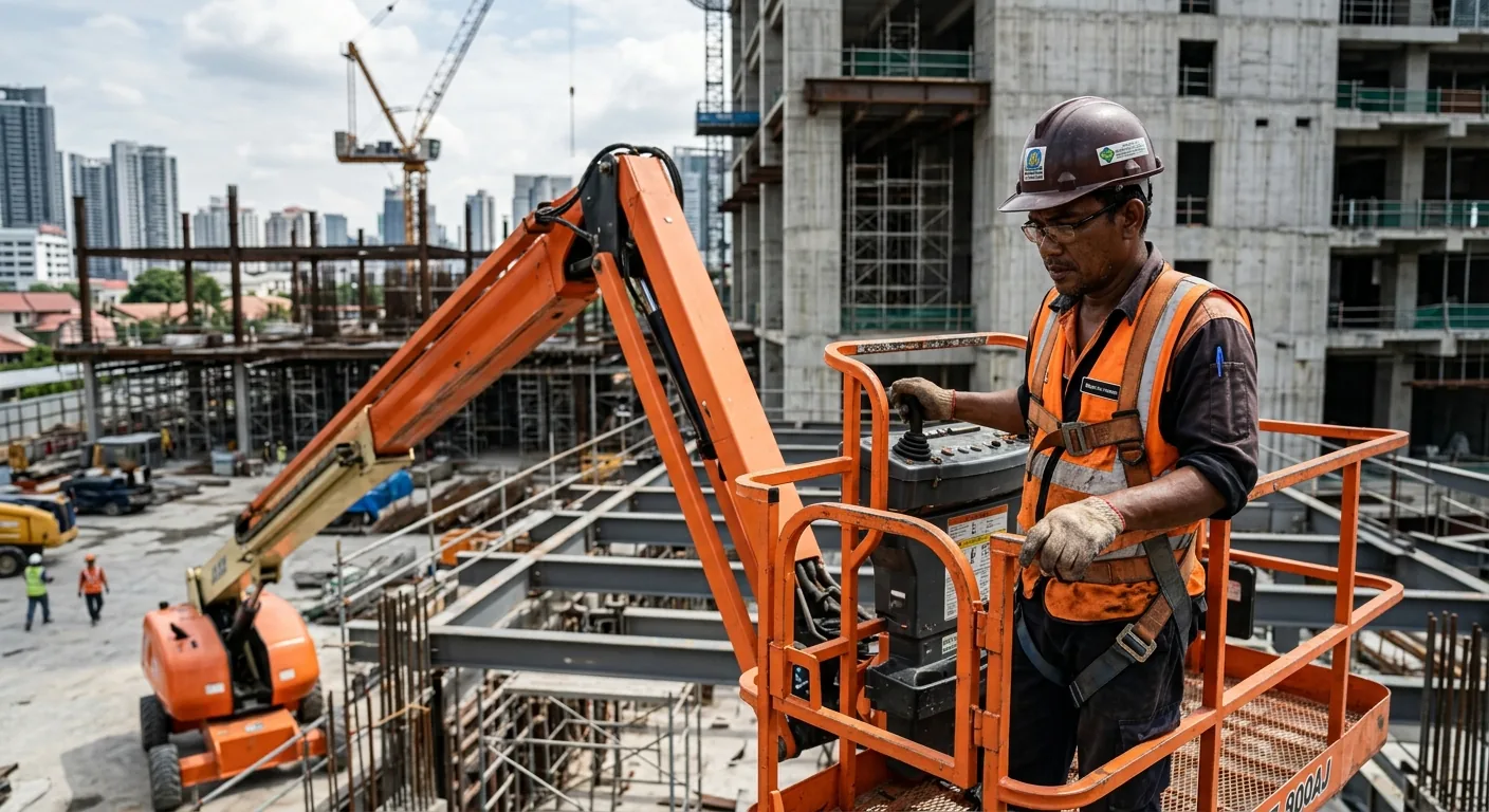 Operator mengendalikan boom lift artikulasi oren dari platform di tapak pembinaan Kuala Lumpur