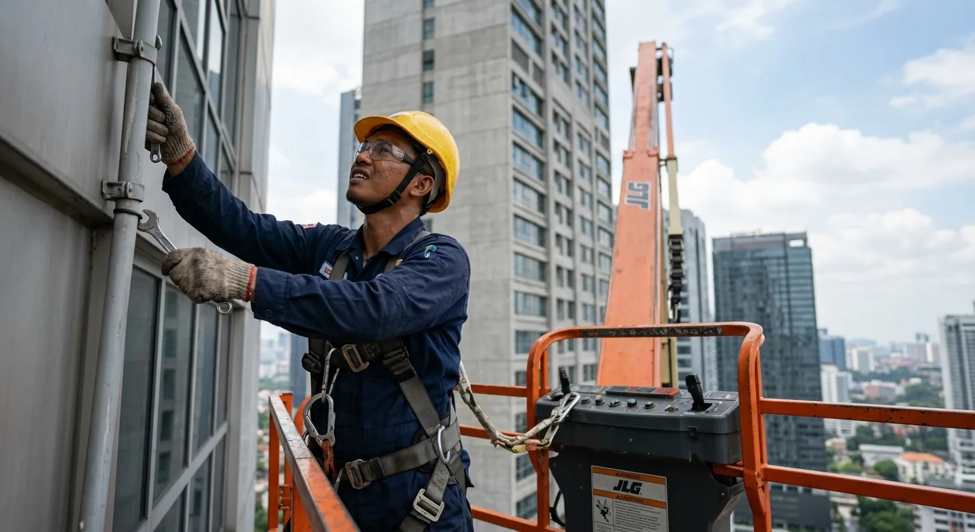 Pekerja di platform boom lift teleskopik JLG membaiki fasad bangunan pangsapuri tinggi