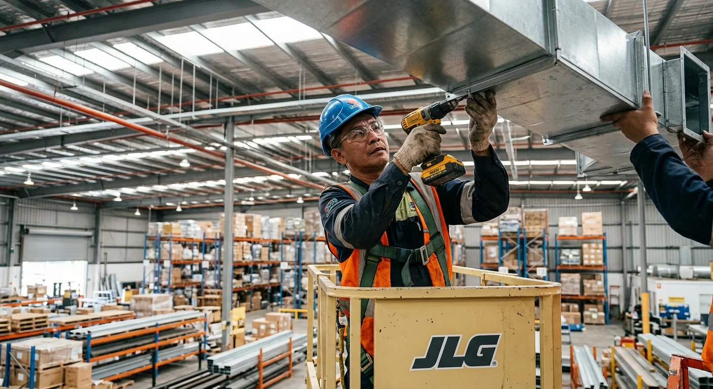 Pekerja di atas scissor lift memasang duct penghawa dingin di siling gudang