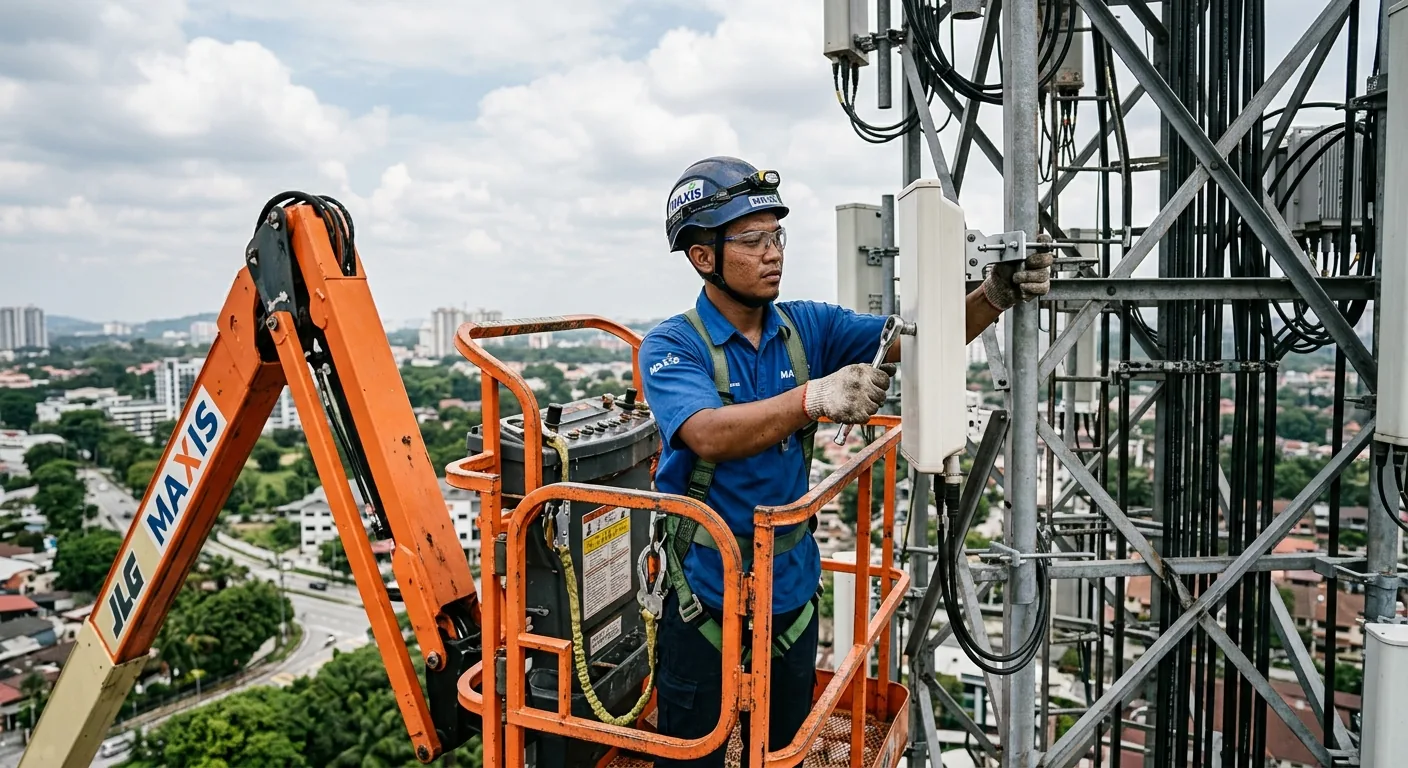 Juruteknik telekomunikasi memasang antena pada menara dari platform boom lift