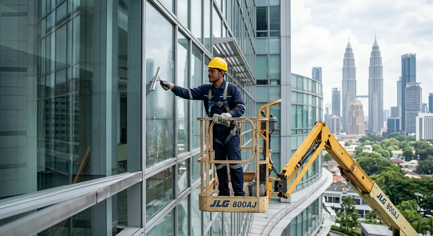 Pekerja mencuci tingkap fasad bangunan pejabat dari platform boom lift teleskopik