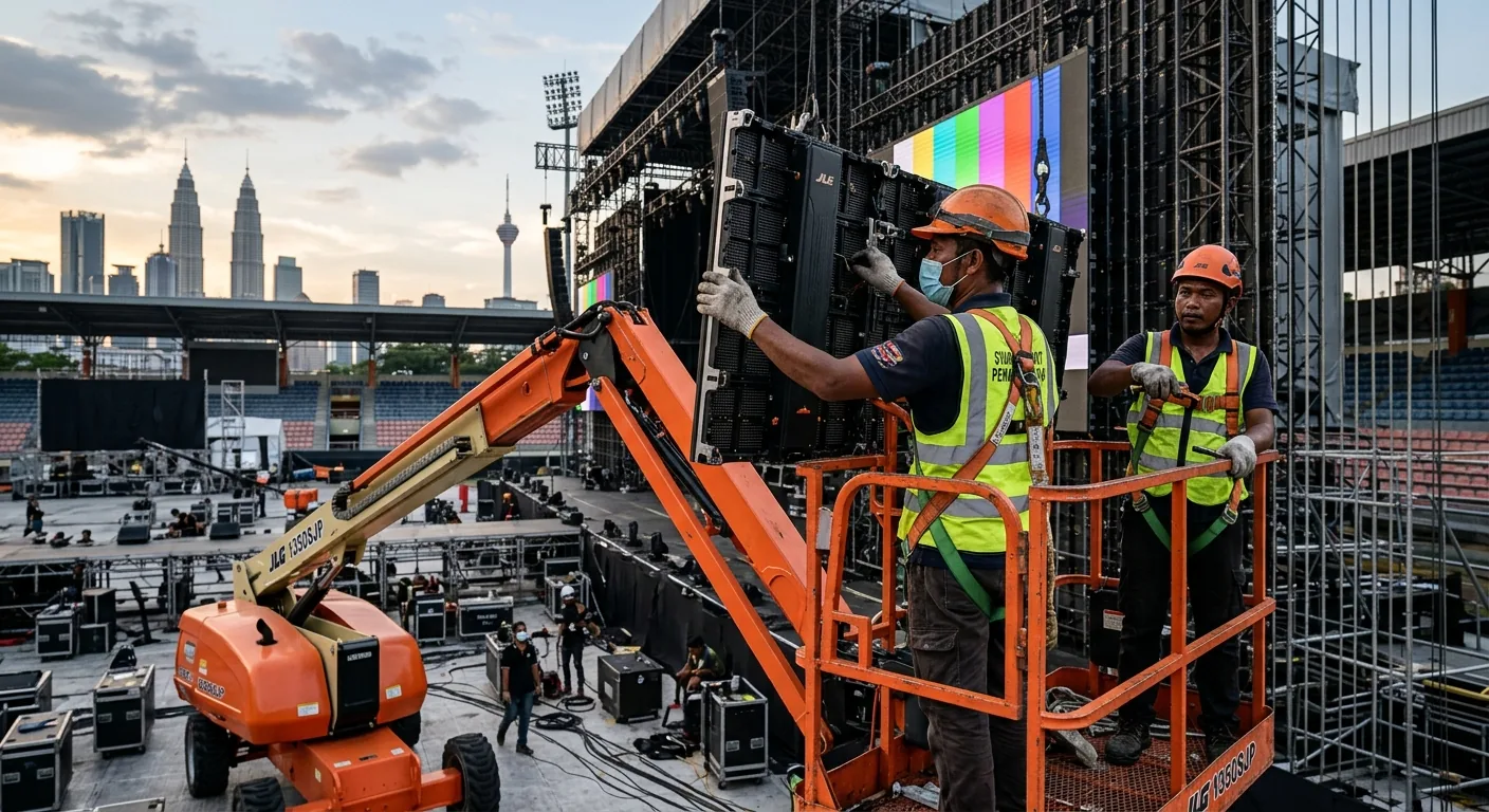 Dua kru acara memasang skrin LED pentas konsert dari platform boom lift ketika senja